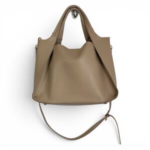 Melie Bianco Camel Tan Leather Shoulder Bag Structured Make-Up Bag Inside